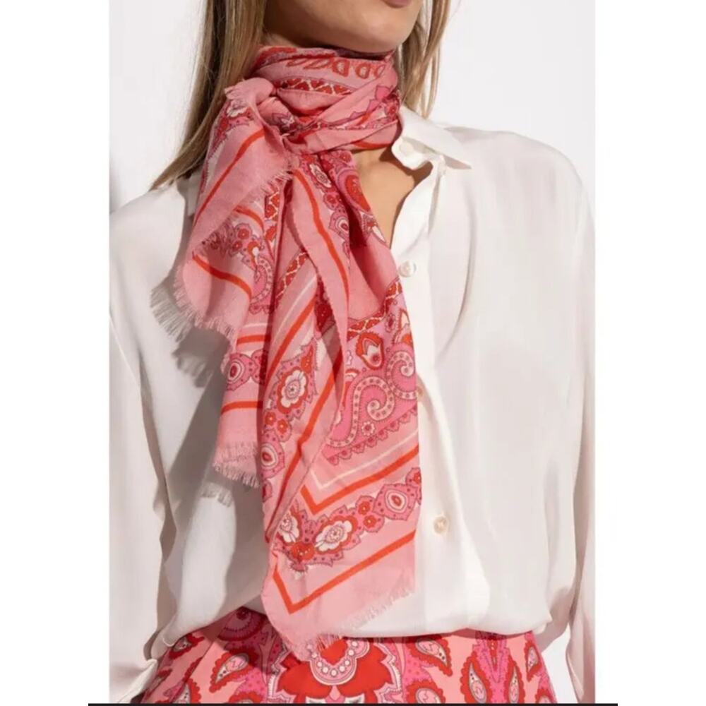 Etro paisley print rose pink frayed edge scarf cashmere silk wool
